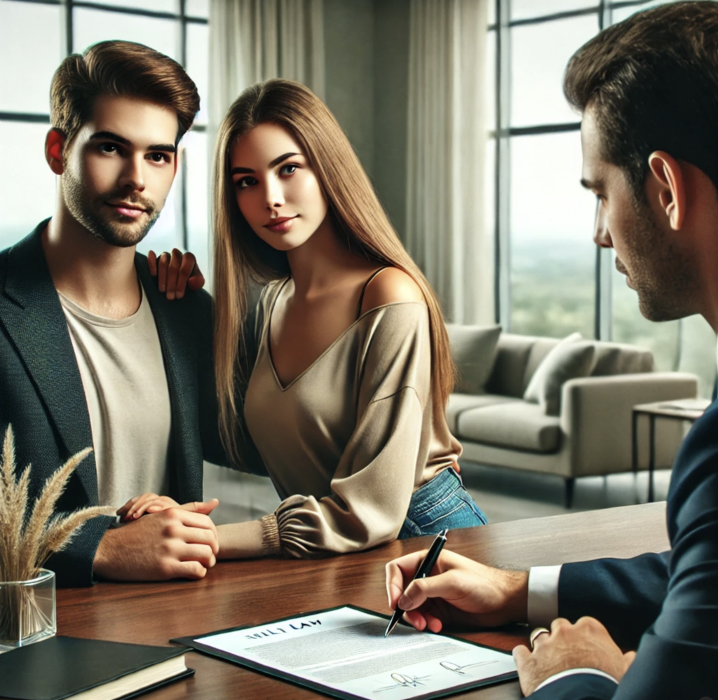 Unmarried couple signing a cohabitation agreement with a Texas family law attorney in a modern, professional office.